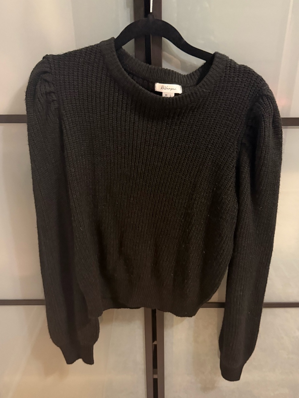Revamped Black Ribbed Crewneck Sweater with Puff Shoulders